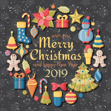 Noel arka plan 3d kağıt ile işaretler kesti. Şirin çocuklar oyuncaklar ve aksesuarlar. Arkadaki kar yağışı. Yeni yıl tebrik kartı veya afiş kavramı