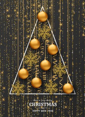 Neşeli Noel ve arka plan parlak kar taneleri, altın top ve altın renkli cicili flama. Tebrik kartı ve Xmas şablonu