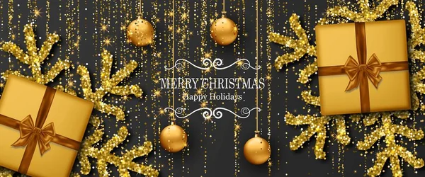 Merry Christmas background with shiny snowflakes, golden balls, gift boxes and gold colored tinsel and streamer. Greeting card and Xmas template. — Stock Vector