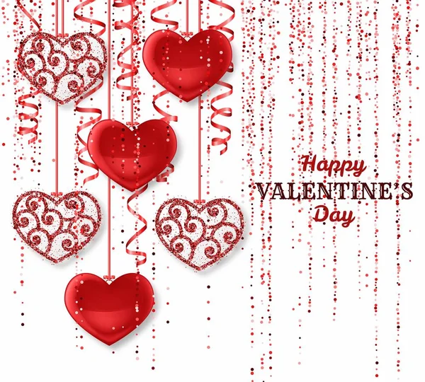 Feliz día de San Valentín fondo con corazones brillantes y brillantes. Brillo rosa rojo y confeti. Tarjeta de felicitación y plantilla de amor — Vector de stock