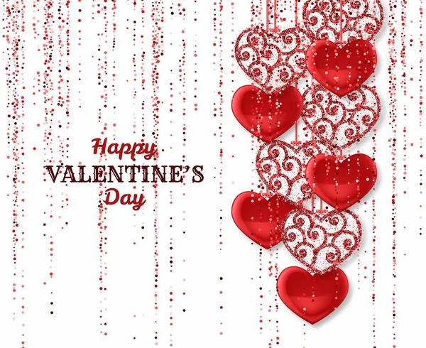 Feliz día de San Valentín fondo con corazones brillantes y brillantes. Brillo rosa rojo y confeti. Tarjeta de felicitación y plantilla de amor — Vector de stock