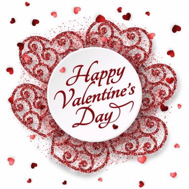 Mutlu sevgililer günü arka plan parlak ve parlak kupa ile. Kırmızı pembe glitter ve konfeti. Tebrik kartı ve sevgi şablonu