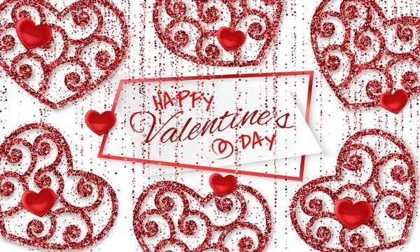 Boldog Valentin-napot háttér fényes és fényes szívét. Vörös, rózsaszín csillogó és konfetti. Üdvözlőlap és a szeretet sablon — Stock Vector