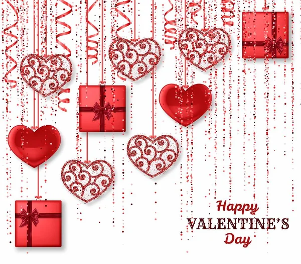 Счастливого Дня святого Валентина с блеском и пышными сердцами. Красные розовые блестки и конфетти. Открытки и шаблон любви — стоковый вектор