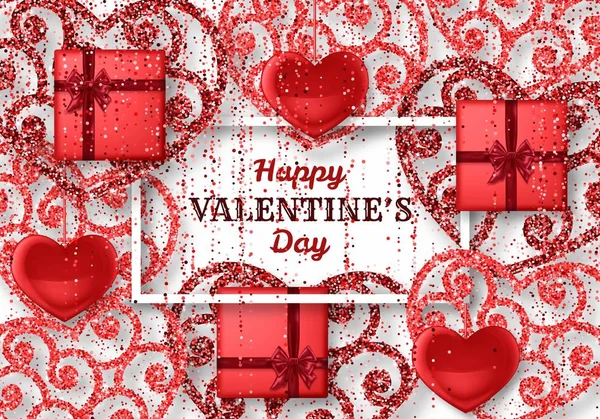 光沢があり、光沢のある心を持つ幸せなバレンタインデー背景。赤ピンクのグリッターと紙吹雪。愛とグリーティング カード テンプレート — ストックベクタ