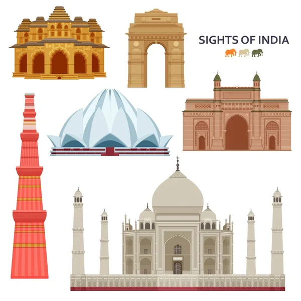 India más famosos lugares de interés conjunto. Edificios arquitectónicos. Atracciones turísticas famosas — Vector de stock