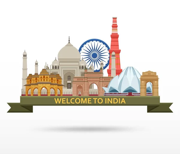 Viaggiare in India concetto. Attrazioni indiane più famose. Edifici architettonici. Famose attrazioni turistiche — Vettoriale Stock