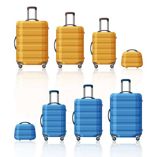 Recogida de equipaje. Tres tamaños de maletas y estuche de belleza. Equipaje de plástico rayado amarillo y azul . — Archivo Imágenes Vectoriales