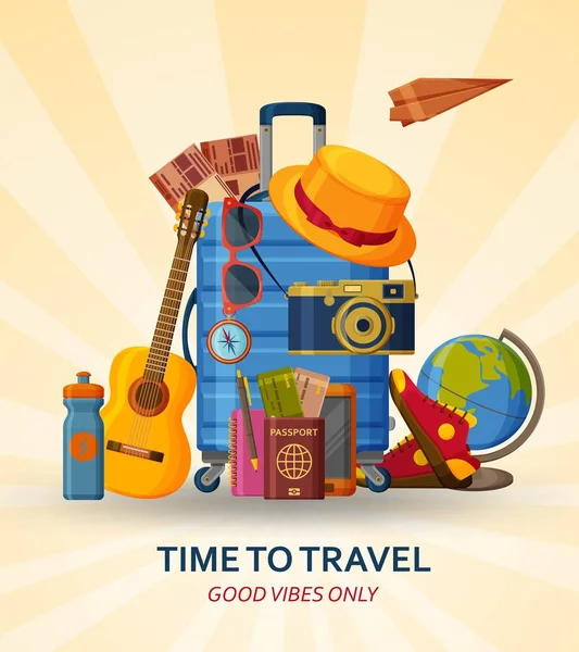 Concepto de viaje con maleta, gafas de sol, sombrero, cámara y globo sobre fondo de rayos amarillos. Avión de papel volador en la parte posterior — Vector de stock
