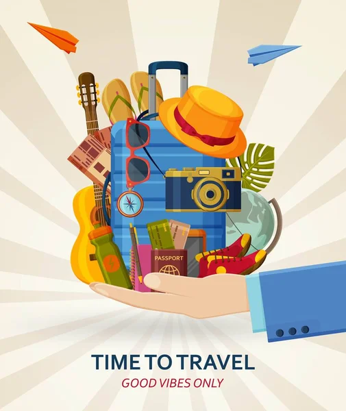 Cestovní koncept s kufry, sluneční brýle, klobouk, fotoaparát a flip flopy v lidských rukou. Létající papír letadla na zádech. Dobré vibrace pouze — Stockový vektor