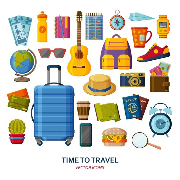 Cestovní ikony s kufrem a sluneční brýle a kytaru. Cestovní ruch položky sada — Stockový vektor