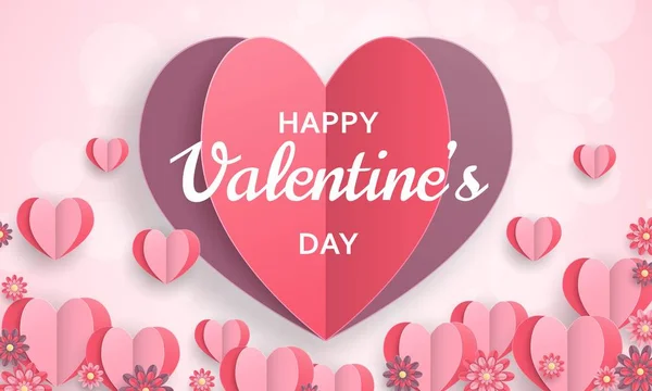 Boldog Valentin-napot háttér. Jó design sablon banner, üdvözlőlap, szórólap. Papír művészet virágok és szívek — Stock Vector