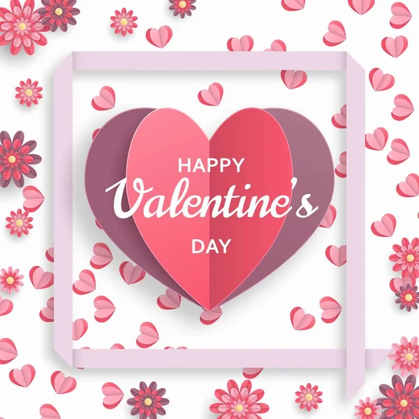 Feliz día de San Valentín. Buena plantilla de diseño para banner, tarjeta de felicitación, volante. Papel arte flores y corazones — Vector de stock