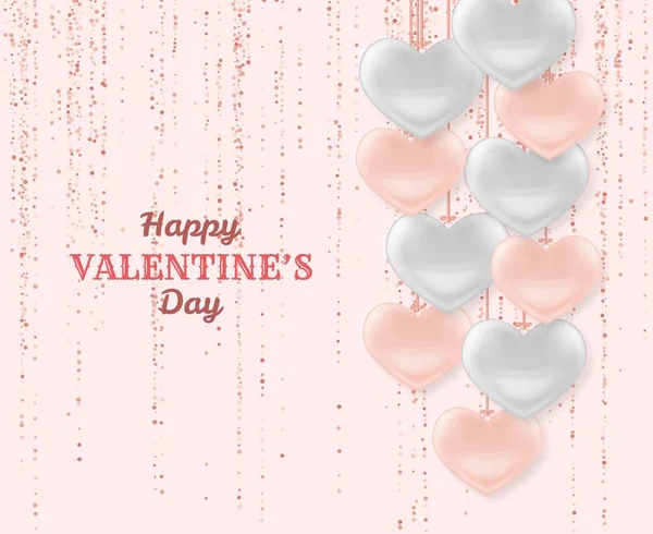 Feliz día de San Valentín fondo con corazones brillantes y brillantes. Brillo rosa pastel y confeti. Tarjeta de felicitación y plantilla de amor — Vector de stock