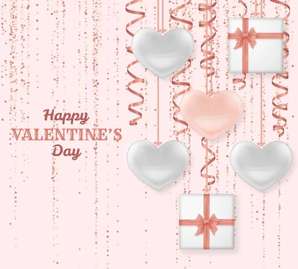Happy dag van de Valentijnskaart achtergrond met glimmende en glanzende hart. Pastel roze glitters en confetti. Wenskaart en liefde sjabloon — Stockvector