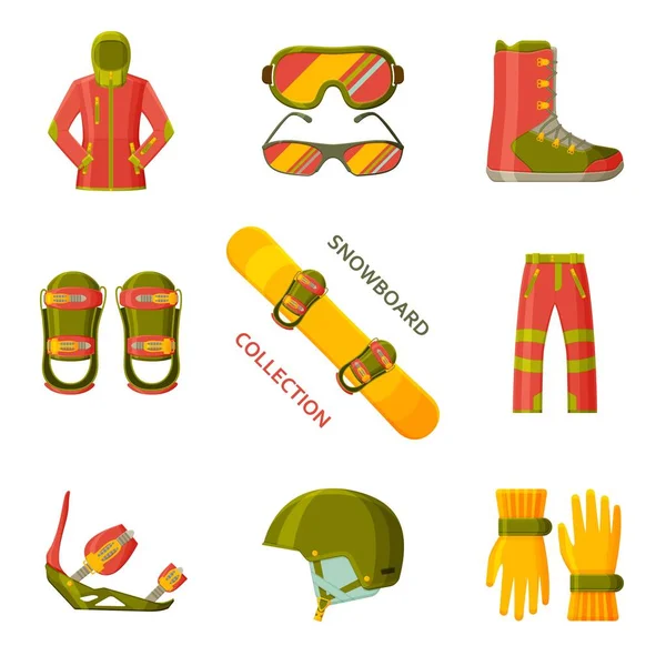 Snowboard icoon collectie. Set met apparatuur, slijtage en schoenen — Stockvector