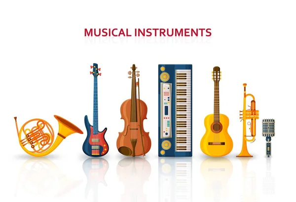 Contesto musicale composto da diversi strumenti musicali, chiave di violino e note. Luogo di testo . — Vettoriale Stock
