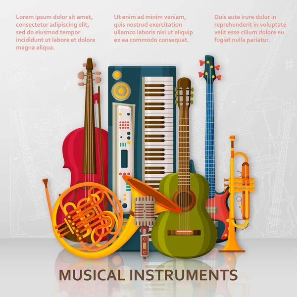 Fondo musical hecho de diferentes instrumentos musicales, clave de agudos y notas. Lugar de texto . — Vector de stock