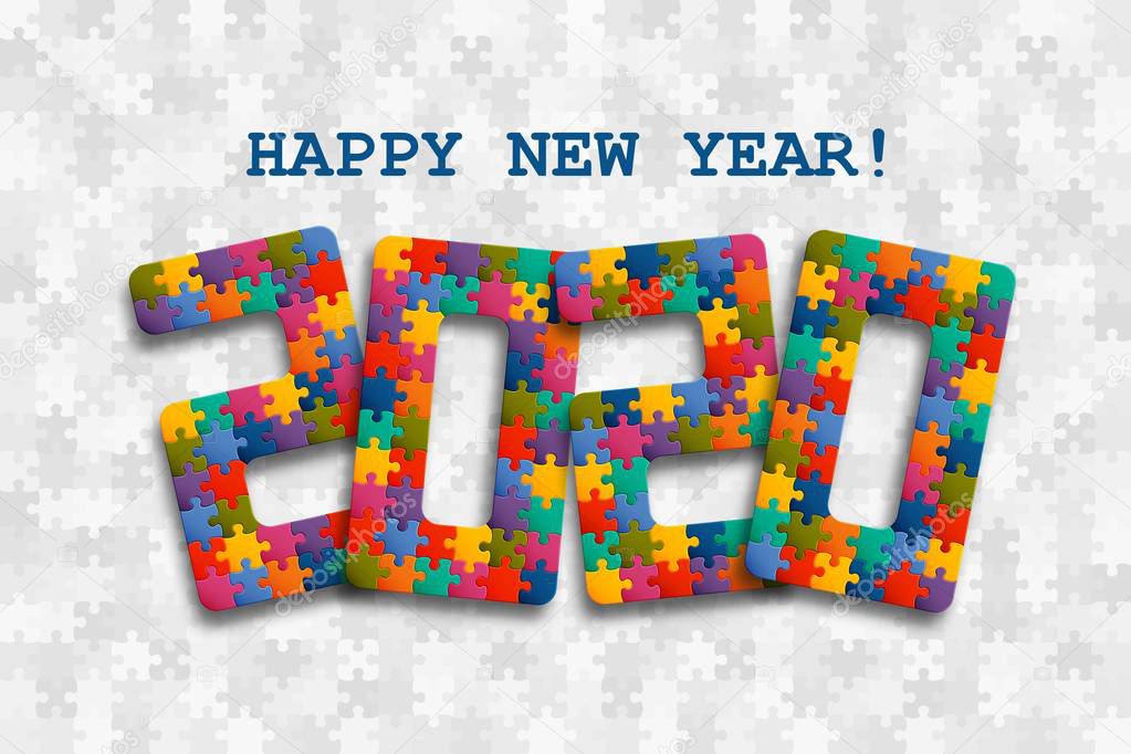 2020 jigsaw puzzle background with many colorful pieces. Happy New Year card design. Abstract mosaic template