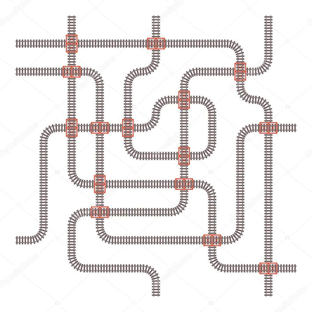 Railroad tracks and stations set. Railway map top view. Vector illustration.