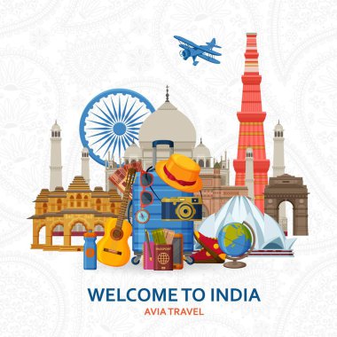 Travel in India concept. Indian most famous sights set. Architectural buildings. Tourist background with suitcases, sunglasses, hat, camera and flip. Flying paper planes at the back clipart