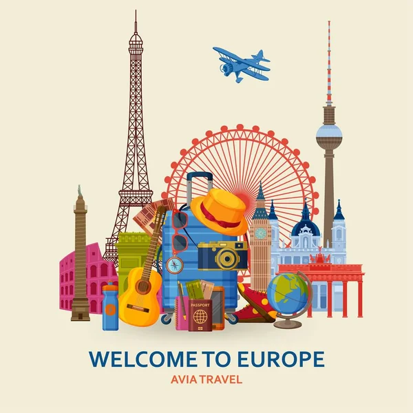 Europe kavramında seyahat. Avrupa en ünlü dikti. Mimari yapılar. Turistik arka plan bavul, güneş gözlüğü, şapka, kamera ve flip ile. Arkadaki uçan kağıt uçaklar — Stok Vektör