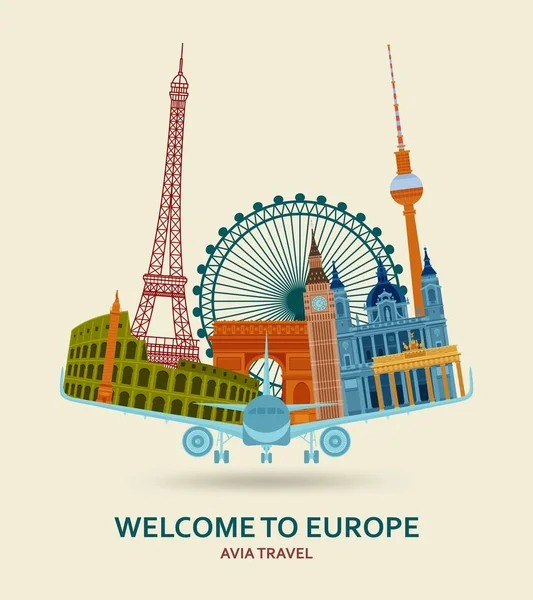欧洲旅游理念。欧洲最著名的景点设置。建筑建筑。旅游背景与行李箱, 太阳镜, 帽子, 相机和翻转。在后面的飞行纸飞机 — 图库矢量图片