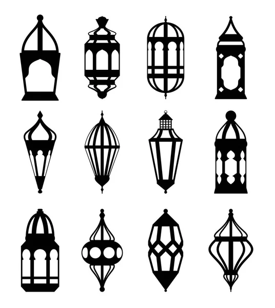 Lanternes arabes ou islamiques ensemble. Collection silhouette noire — Image vectorielle