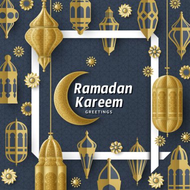 Ramazan Kareem Arkaplanı. İslami Arap feneri. Çeviri: Ramazan Kareem. Tebrik kartı.