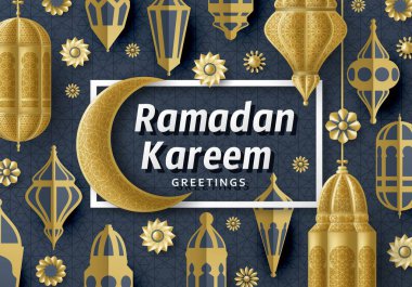 Ramazan Kareem Arkaplanı. İslami Arap feneri. Çeviri: Ramazan Kareem. Tebrik kartı.