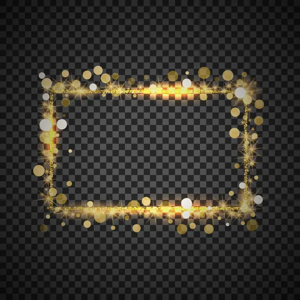 Cornice dorata vettoriale con effetti luminosi. Brillante banner rettangolo su sfondo a quadretti — Vettoriale Stock