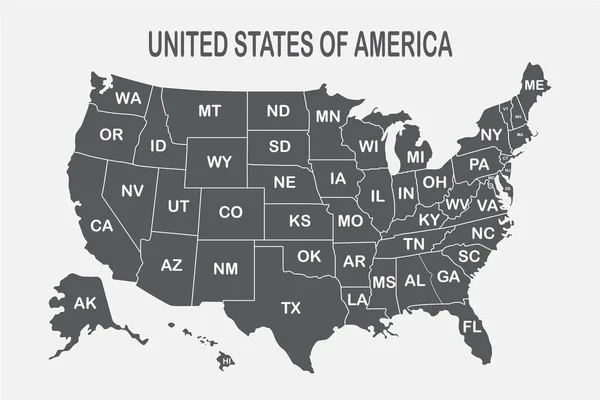 Mappa degli Stati Uniti d'America con nomi di stato sullo sfondo bianco. Mappa in bianco e nero di USA per t-shirt, poster o temi geografici — Vettoriale Stock