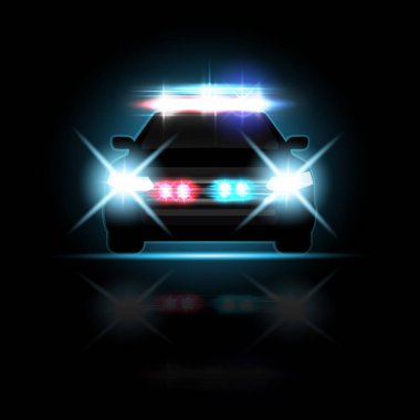 Police car with headlights flares and siren at the night road. Special red and blue light beams clipart