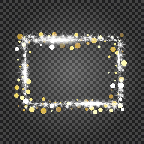 Goldener Rahmen mit Lichteffekten. leuchtendes Rechteck-Banner auf kariertem Hintergrund — Stockvektor