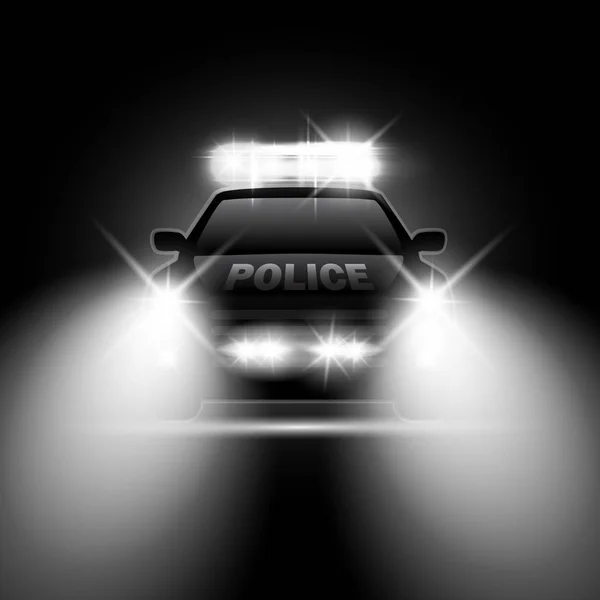 Police car with headlights flares and siren at the night road. Special light beams — Stock Vector