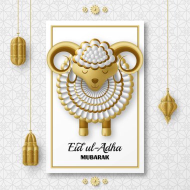 Kurban Bayramı Adha Arka Plan. İslami Arap fenerleri ve koyunları. Tebrik kartı. Kurban Bayramı