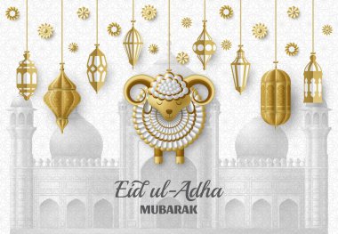 Kurban Bayramı Adha Arka Plan. İslami Arap fenerleri ve koyunları. Tebrik kartı. Kurban Bayramı