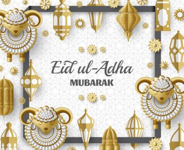 Kurban Bayramı Adha Arka Plan. İslami Arap fenerleri ve koyunları. Tebrik kartı. Kurban Bayramı