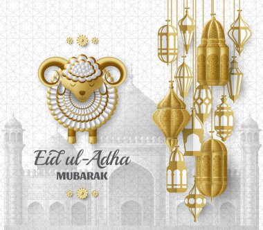 Kurban Bayramı Adha Arka Plan. İslami Arap fenerleri ve koyunları. Tebrik kartı. Kurban Bayramı