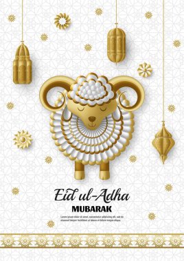 Kurban Bayramı Adha Arka Plan. İslami Arap fenerleri ve koyunları. Tebrik kartı. Kurban Bayramı