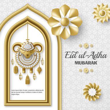 Kurban Bayramı Adha Arka Plan. İslami Arap fenerleri ve koyunları. Tebrik kartı. Kurban Bayramı