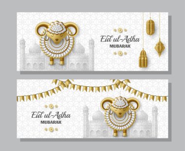 Kurban Bayramı Adha Arka Plan. İslami Arap fenerleri ve koyunları. Tebrik kartı. Kurban Bayramı