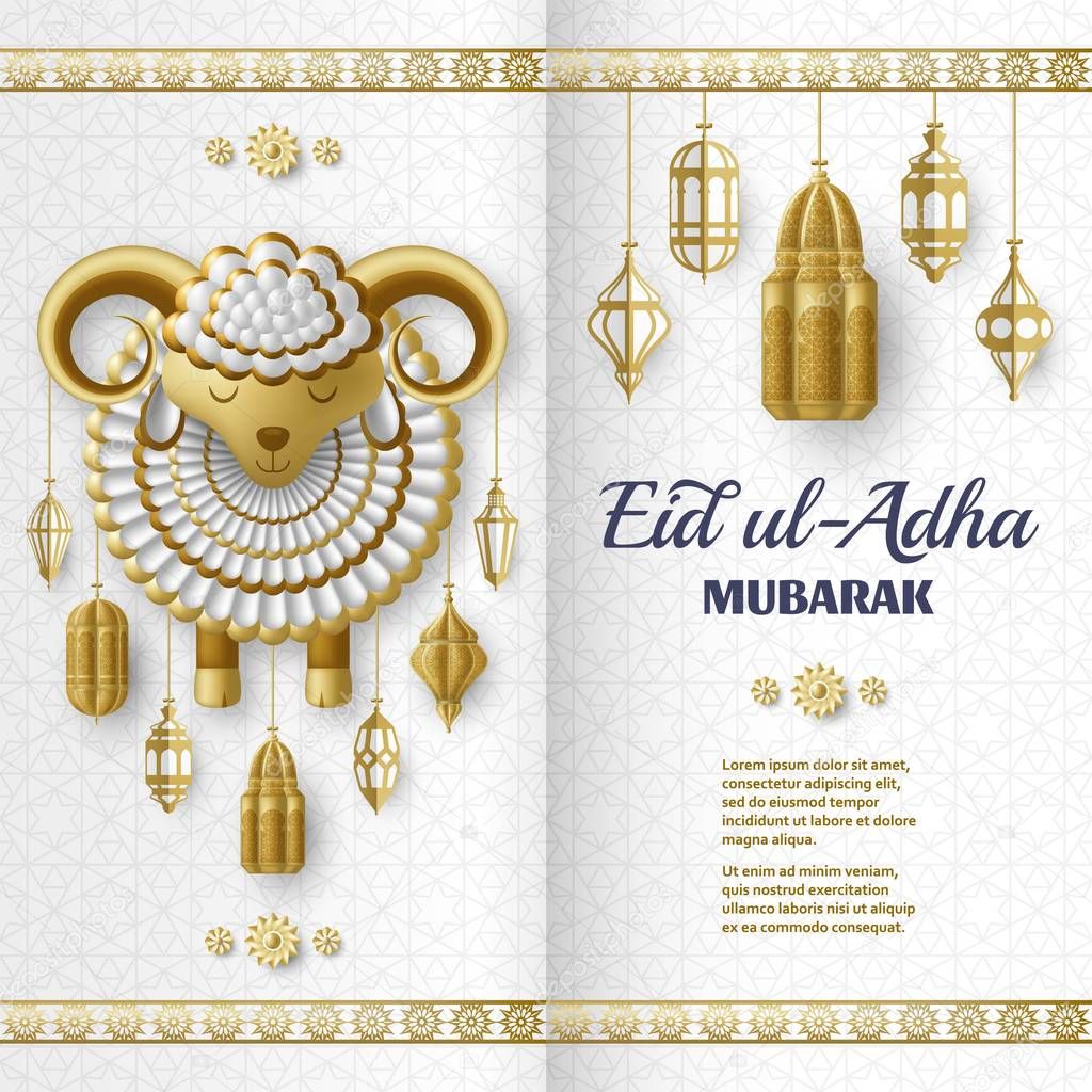 Eid Ul Adha Background. Islamic Arabic lanterns and sheep. Greeting card. Festival of the Sacrifice