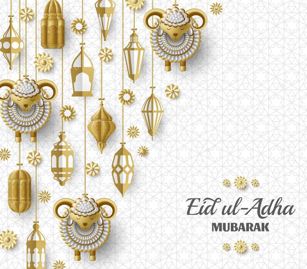 Eid Ul Adha Background. Islamic Arabic lanterns and sheep. Greeting card. Festival of the Sacrifice