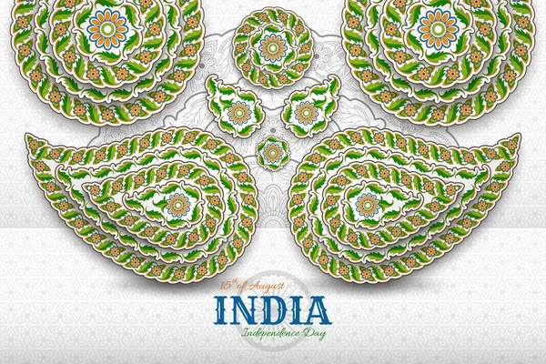 15th Αυγούστου Ινδία ημέρα ανεξαρτησίας. Ευχετήρια κάρτα με Αράβια floral μοτίβο. Πέισλι και μάνταλα — Διανυσματικό Αρχείο