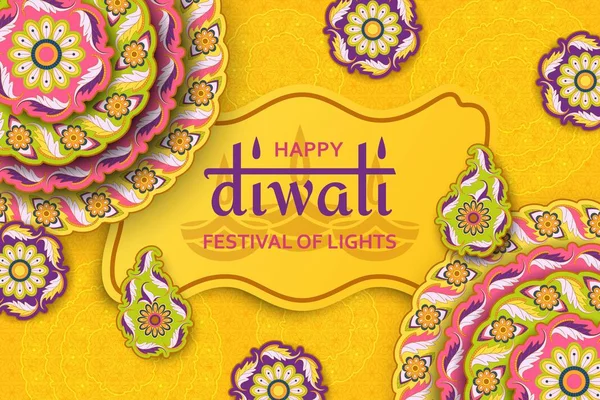 Glücklich Diwali gelb Vorlage mit Blumen Paisley und Mandala. Blüten- und Blättermuster. Lichterfest — Stockvektor