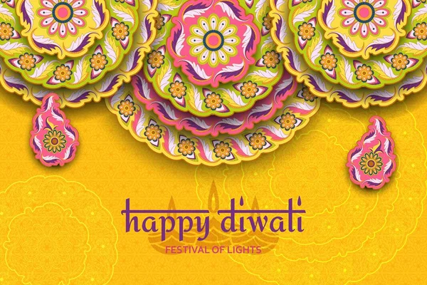 Happy Diwali yellow template with floral paisley and mandala. Flower and leaves patterns. Festival of lights — Stock Vector