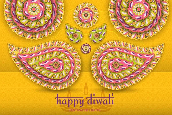 Happy Diwali plantilla amarilla con paisley floral y mandala. Patrones de flores y hojas. Festival de luces — Vector de stock