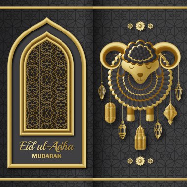 Kurban Bayramı Adha Arka Plan. İslami Arap fenerleri ve koyunları. Tebrik kartı. Kurban Bayramı