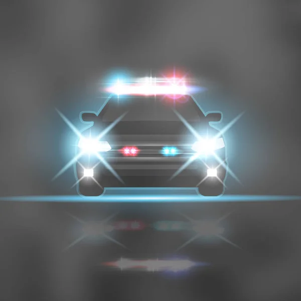 Police car with headlights flares and siren at the night road. Special red and blue light beams — Stock Vector